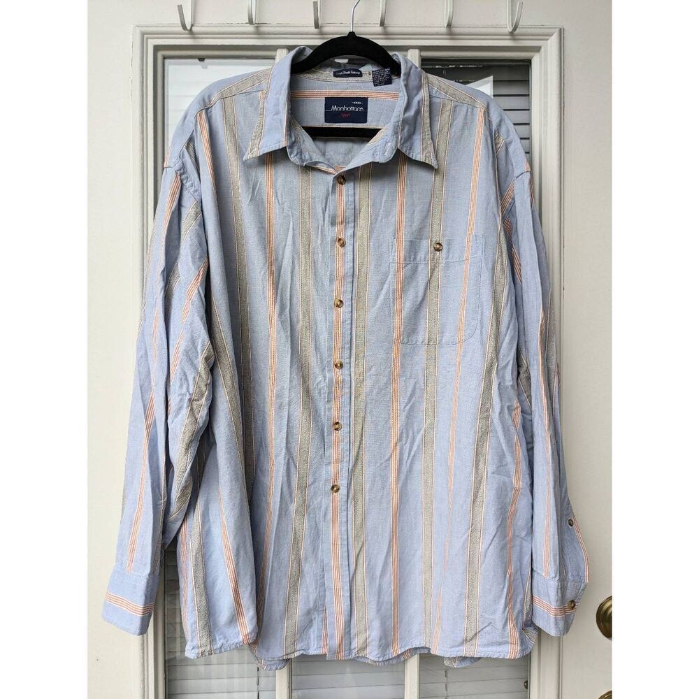 Manhattan Sport Vintage Button Up Shirt 100% Cotton Blue, 3XL